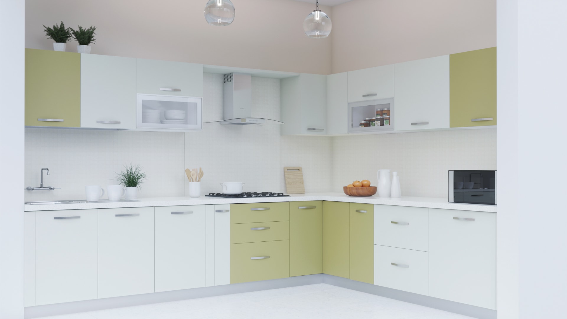 L-Shaped White Colour Modular Kitchen | HomeLane