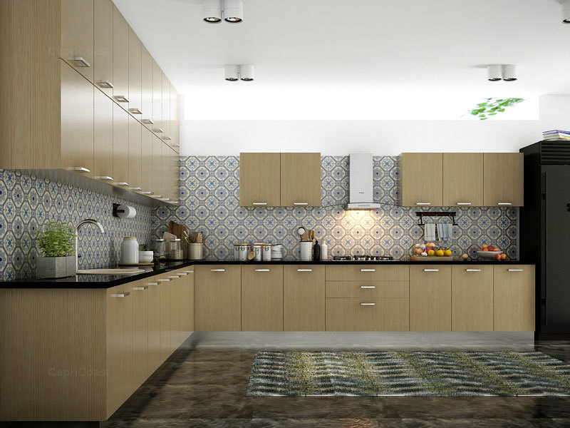 Refined L shape Modular Kitchen Interior Design in Blue Tiles | HomeLane