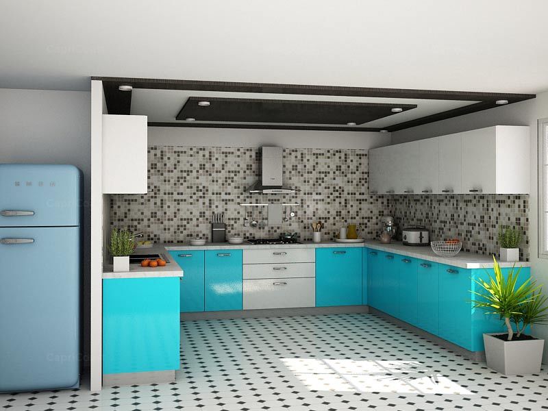 Stylish U Shape Modular Kitchen Design in Blue & White Combo | HomeLane
