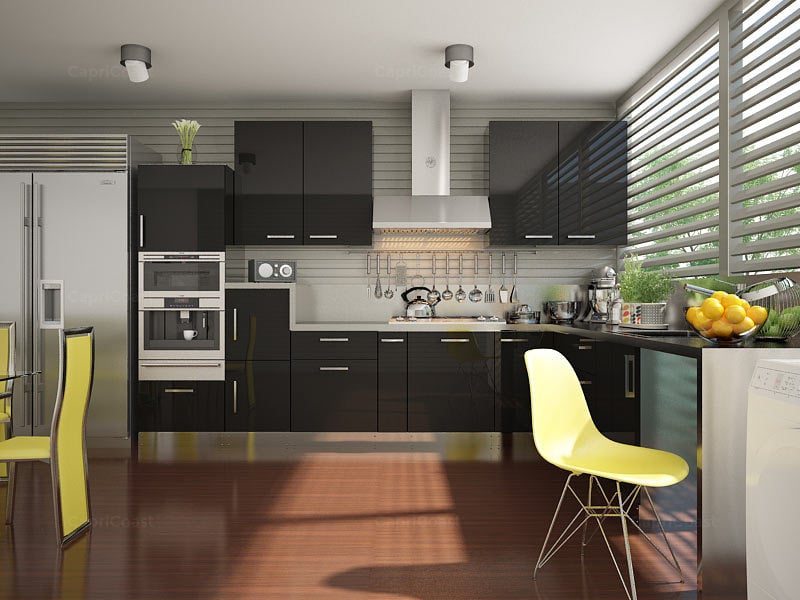 Brina L Shaped Black Modular Kitchen Design for Modern Homes | HomeLane