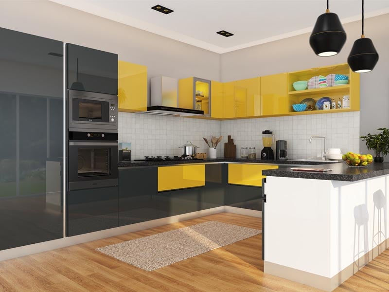 Bumble Bee U-Shaped Modular Kitchen with Bold Yellow Cabinets | HomeLane