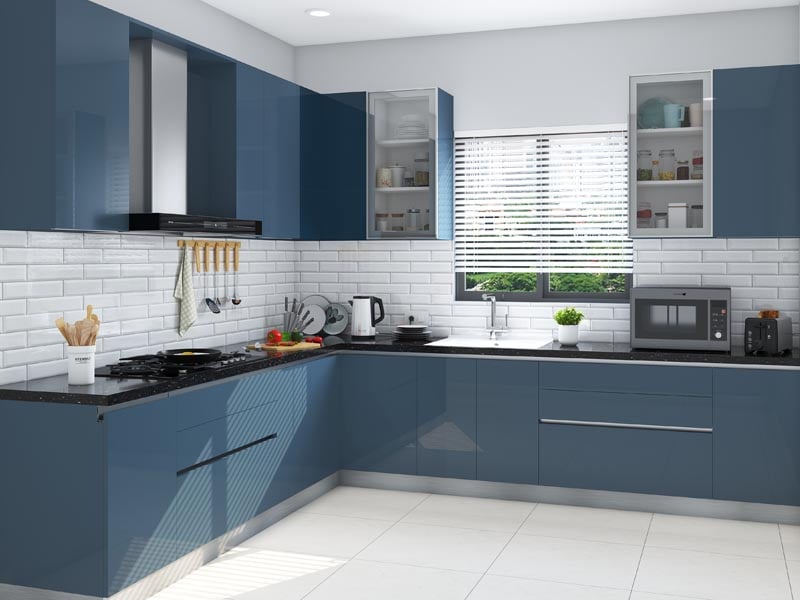 Classic Blue L Shaped Modular Kitchen with Modern Touch | HomeLane