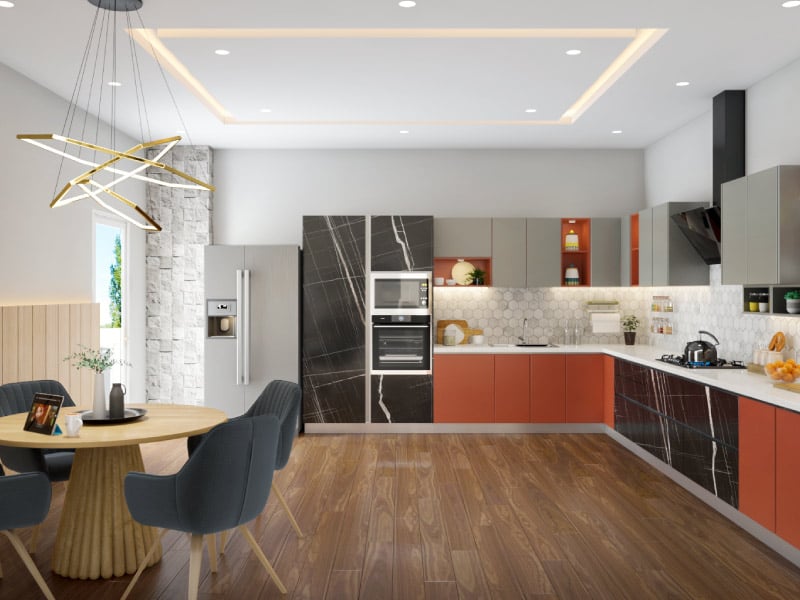 Modern L Shape Modular Kitchen Design with Bold Finishes | HomeLane