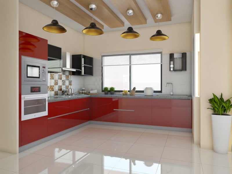 Red Velvet L Shape Modular Kitchen Design for Homes | HomeLane