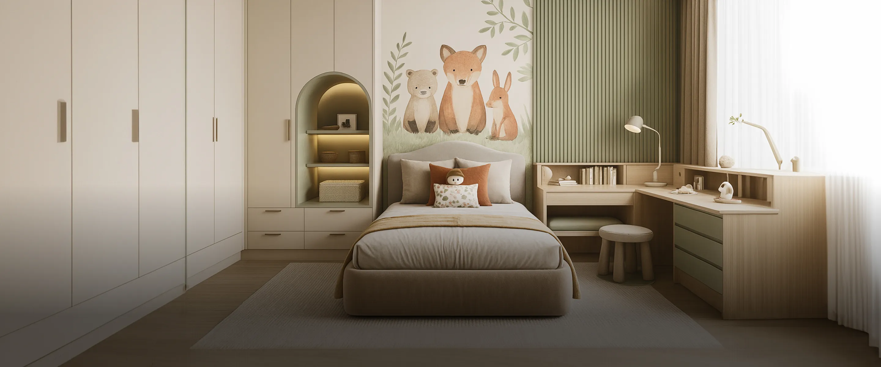 kids bedroom design with built-in storage cozy bed and playful animal-themed wall art