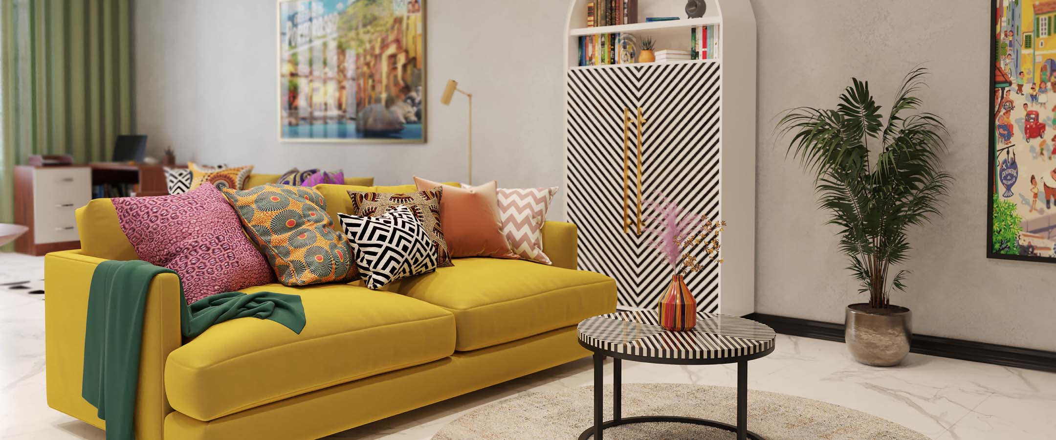Living room interior design in modern style with colorful sofa and decorative open shelf unit
