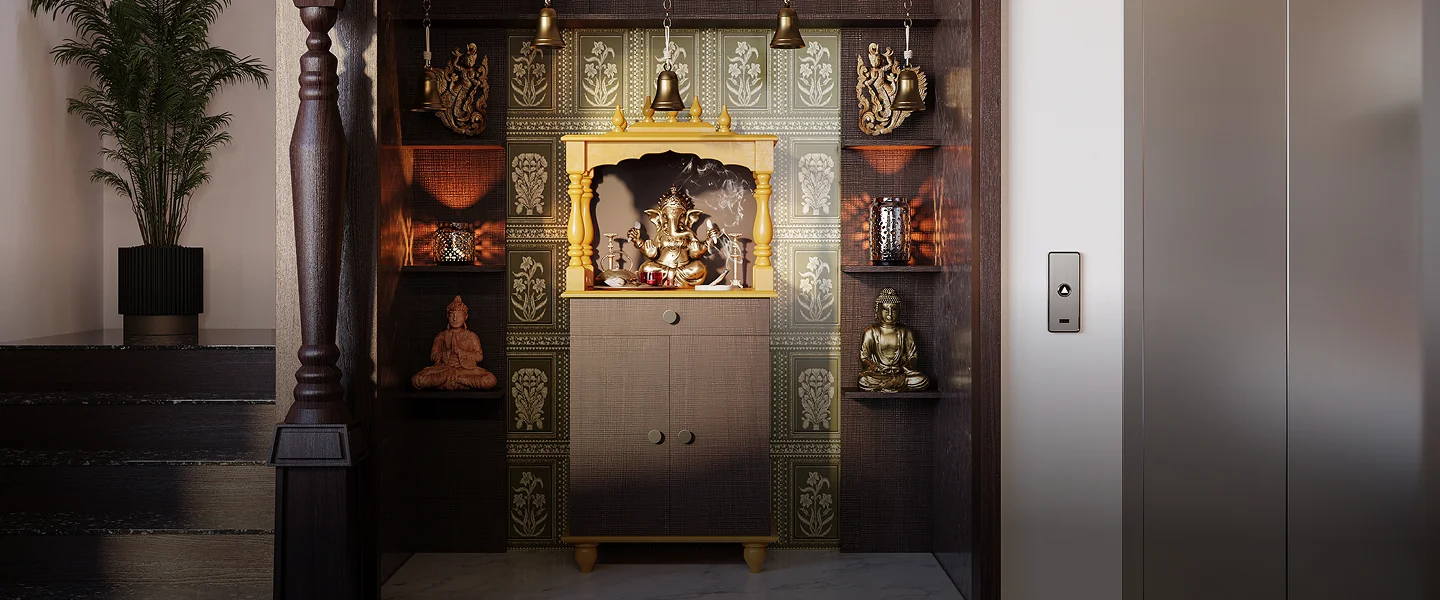 Pooja room interior design with wooden mandir and brass idols