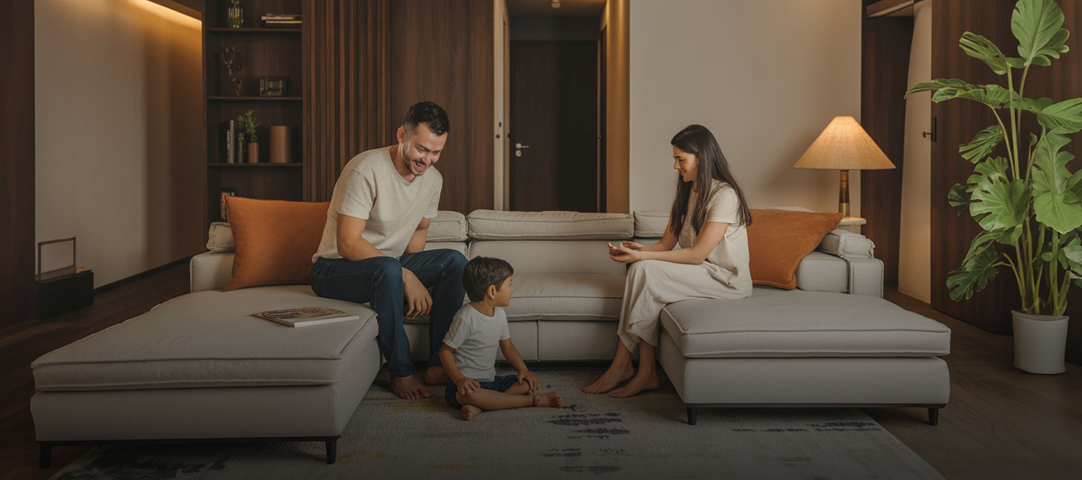 Happy family in modern 2BHK living room stunning interior design 2BHK from 2.2 Lakh book session