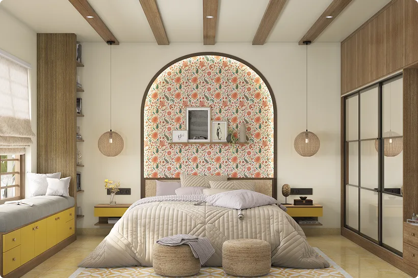 Modern bedroom with bay window seating and sliding wardrobe