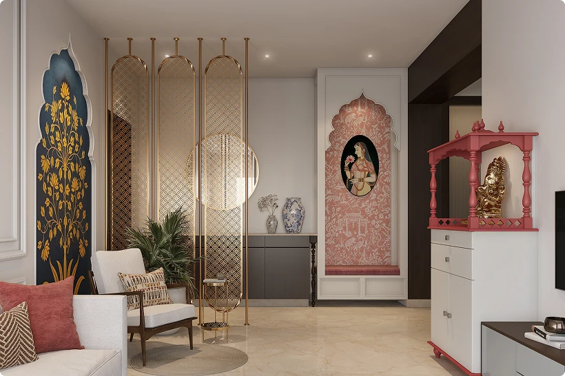 Elegant living area with partition and compact pooja unit