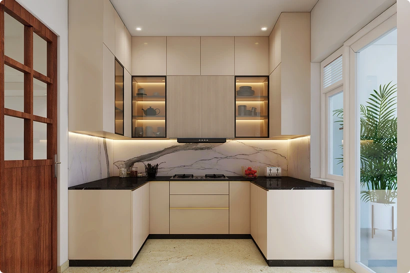 Modern modular kitchen with wood finish cabinets