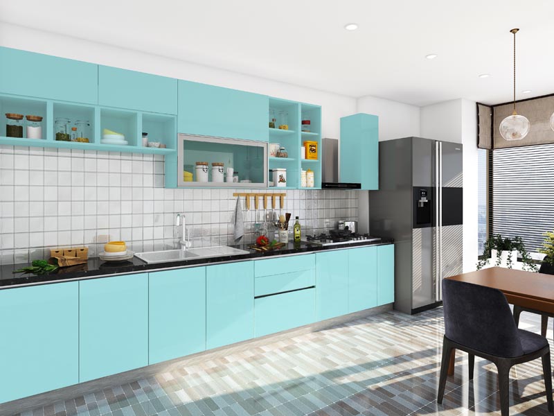 Sky Blue Straight Modular Kitchen India | HomeLane